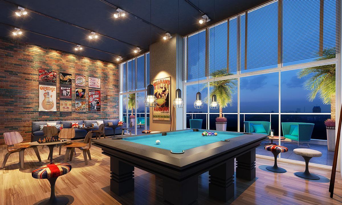 Sala de jogos de sinuca e pôquer decorada com luxuosos móveis