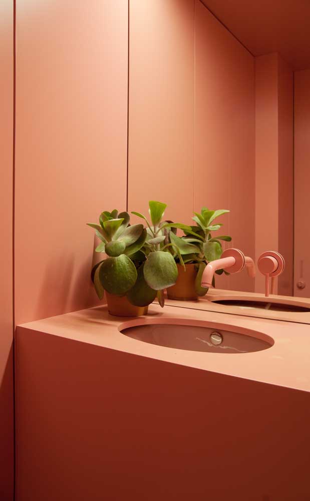 Lavabo todo decorado na cor salmão; a cor é perfeita para receber com carinho e acolhimento suas visitas